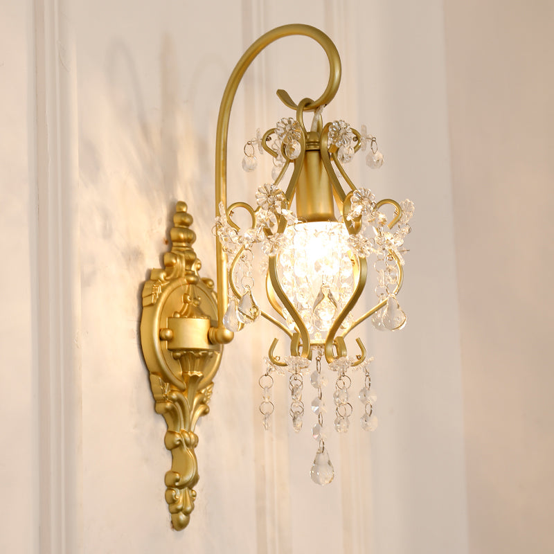 1 Light Scrolled Frame Wall Lamp Countryside Brass Metal Wall Mount Lighting with Crystal Accent Brass Clearhalo 'Cast Iron' 'Glass' 'Industrial' 'Modern wall lights' 'Modern' 'Tiffany' 'Traditional wall lights' 'Wall Lamps & Sconces' 'Wall Lights' Lighting' 2011988