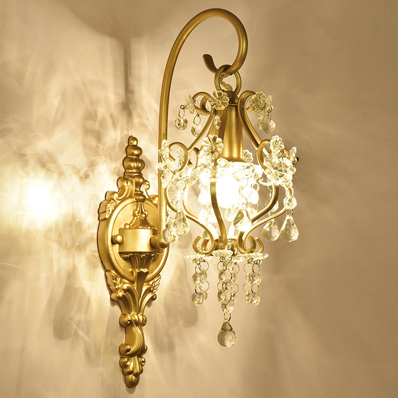 1 Light Scrolled Frame Wall Lamp Countryside Brass Metal Wall Mount Lighting with Crystal Accent Clearhalo 'Cast Iron' 'Glass' 'Industrial' 'Modern wall lights' 'Modern' 'Tiffany' 'Traditional wall lights' 'Wall Lamps & Sconces' 'Wall Lights' Lighting' 2011989