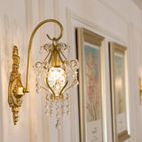 1 Light Scrolled Frame Wall Lamp Countryside Brass Metal Wall Mount Lighting with Crystal Accent Clearhalo 'Cast Iron' 'Glass' 'Industrial' 'Modern wall lights' 'Modern' 'Tiffany' 'Traditional wall lights' 'Wall Lamps & Sconces' 'Wall Lights' Lighting' 2011990