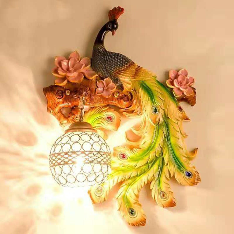 1 Head Wall Sconce Light Rural Bedroom Peacock Wall Lighting Ideas with Globe Crystal Shade Green Right Clearhalo 'Wall Lamps & Sconces' 'Wall Lights' Lighting' 2012000