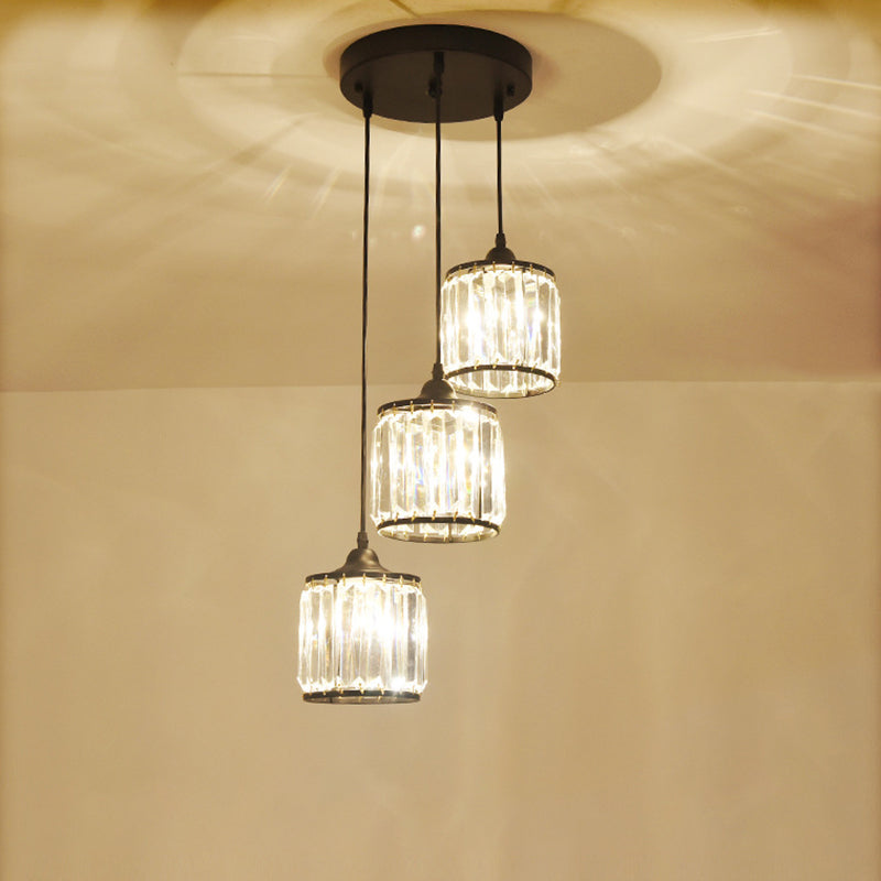 Drum Shade Crystal Multi Light Pendant Rustic Dining Room Down Lighting in Black Clearhalo 'Ceiling Lights' 'Glass shade' 'Glass' 'Pendant Lights' 'Pendants' Lighting' 2012021