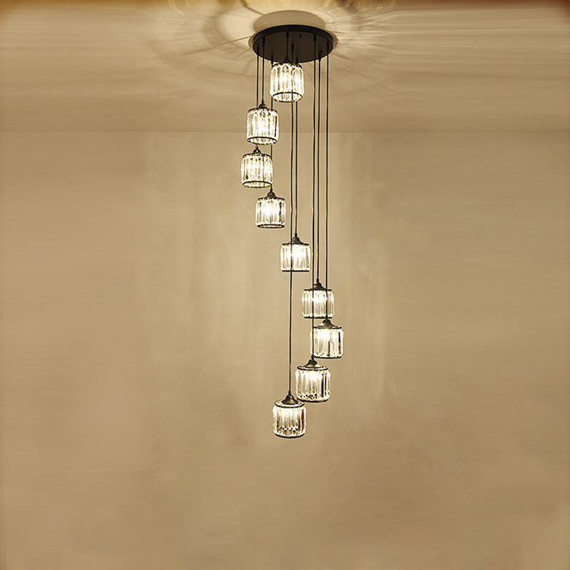 Drum Shade Crystal Multi Light Pendant Rustic Dining Room Down Lighting in Black Clearhalo 'Ceiling Lights' 'Glass shade' 'Glass' 'Pendant Lights' 'Pendants' Lighting' 2012026