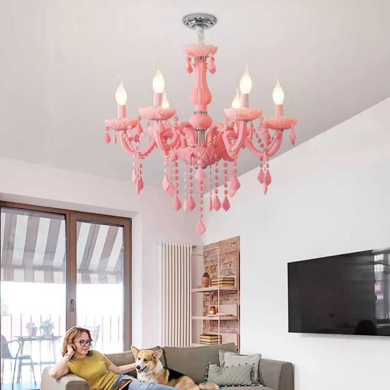 Macaron Stylish Suspension Light with Crystal Deco Candle 6 Lights Metal Chandelier for Teen Clearhalo 'Ceiling Lights' 'Chandeliers' 'Glass shade' 'Glass' 'Pendant Lights' Lighting' 201365