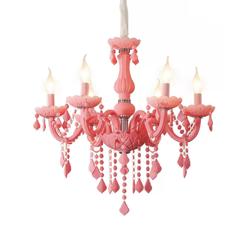 Macaron Stylish Suspension Light with Crystal Deco Candle 6 Lights Metal Chandelier for Teen Clearhalo 'Ceiling Lights' 'Chandeliers' 'Glass shade' 'Glass' 'Pendant Lights' Lighting' 201366