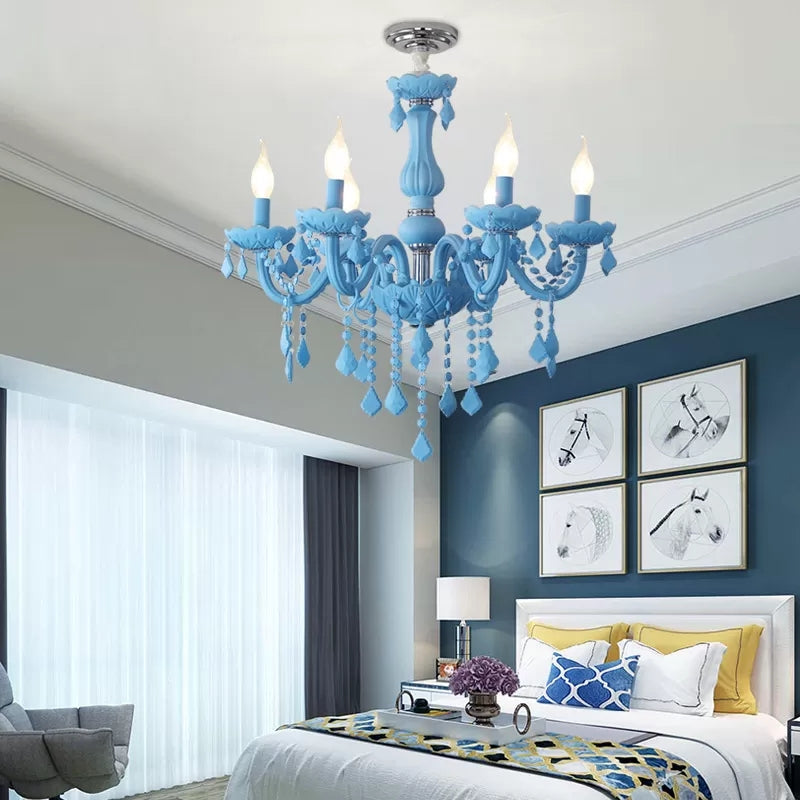 Macaron Stylish Suspension Light with Crystal Deco Candle 6 Lights Metal Chandelier for Teen Clearhalo 'Ceiling Lights' 'Chandeliers' 'Glass shade' 'Glass' 'Pendant Lights' Lighting' 201369
