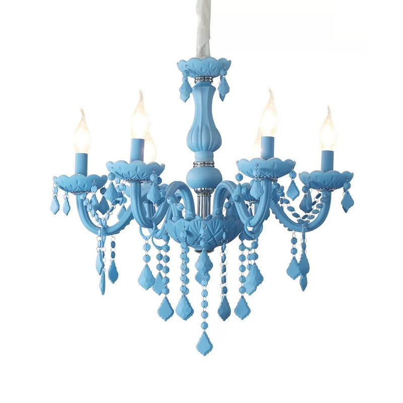 Macaron Stylish Suspension Light with Crystal Deco Candle 6 Lights Metal Chandelier for Teen Clearhalo 'Ceiling Lights' 'Chandeliers' 'Glass shade' 'Glass' 'Pendant Lights' Lighting' 201370