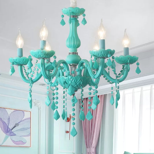 Macaron Stylish Suspension Light with Crystal Deco Candle 6 Lights Metal Chandelier for Teen Green Clearhalo 'Ceiling Lights' 'Chandeliers' 'Glass shade' 'Glass' 'Pendant Lights' Lighting' 201371