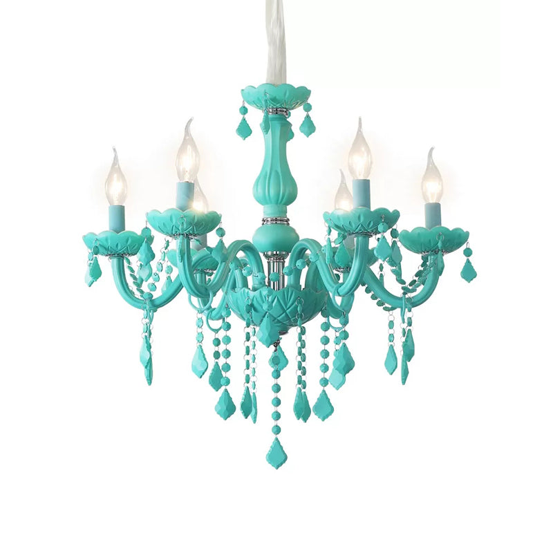 Macaron Stylish Suspension Light with Crystal Deco Candle 6 Lights Metal Chandelier for Teen Clearhalo 'Ceiling Lights' 'Chandeliers' 'Glass shade' 'Glass' 'Pendant Lights' Lighting' 201373