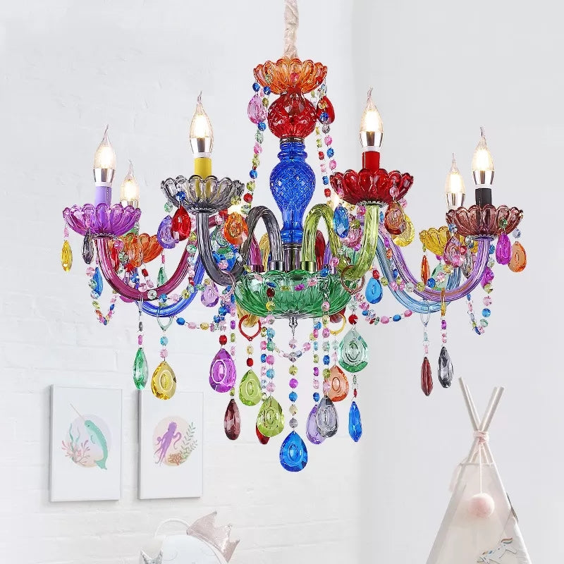 Fake Candle Pendant Light Pretty Glass Multi-Colored Chandelier with Teardrop Crystal for Kindergarten 8 Green Clearhalo 'Ceiling Lights' 'Chandeliers' Lighting' options 201380_3e04851f-4922-4498-b2dd-877fab92133d