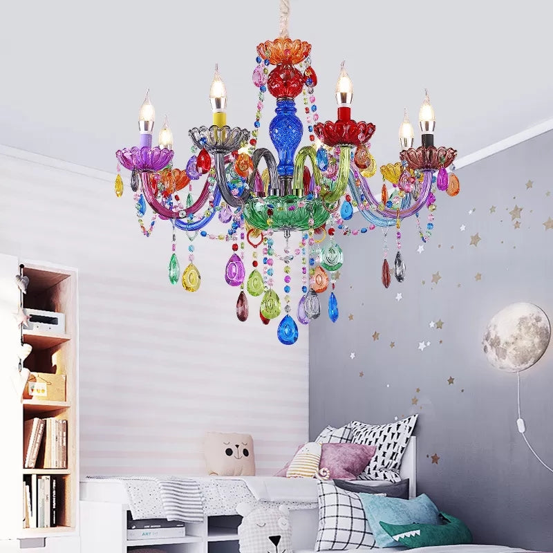 Fake Candle Pendant Light Pretty Glass Multi-Colored Chandelier with Teardrop Crystal for Kindergarten Clearhalo 'Ceiling Lights' 'Chandeliers' Lighting' options 201381