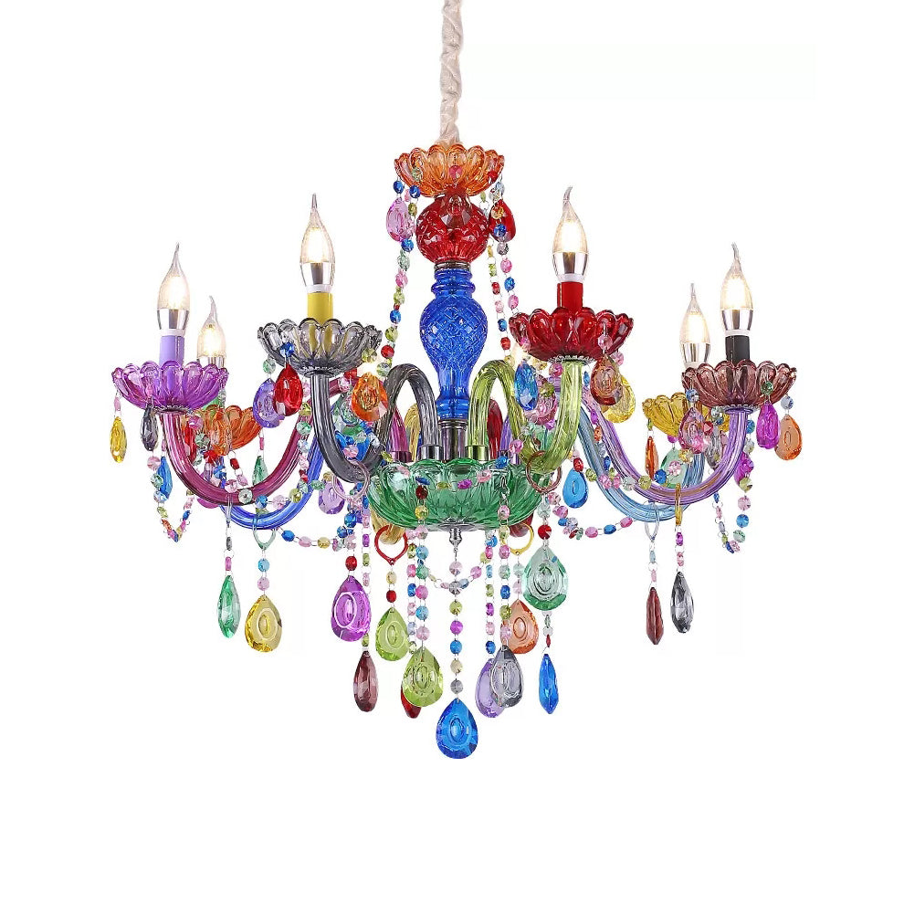 Fake Candle Pendant Light Pretty Glass Multi-Colored Chandelier with Teardrop Crystal for Kindergarten Clearhalo 'Ceiling Lights' 'Chandeliers' Lighting' options 201382
