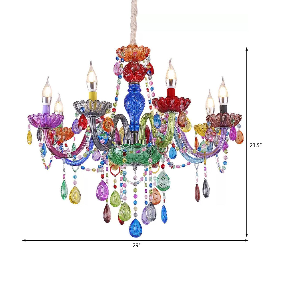 Fake Candle Pendant Light Pretty Glass Multi-Colored Chandelier with Teardrop Crystal for Kindergarten Clearhalo 'Ceiling Lights' 'Chandeliers' Lighting' options 201383