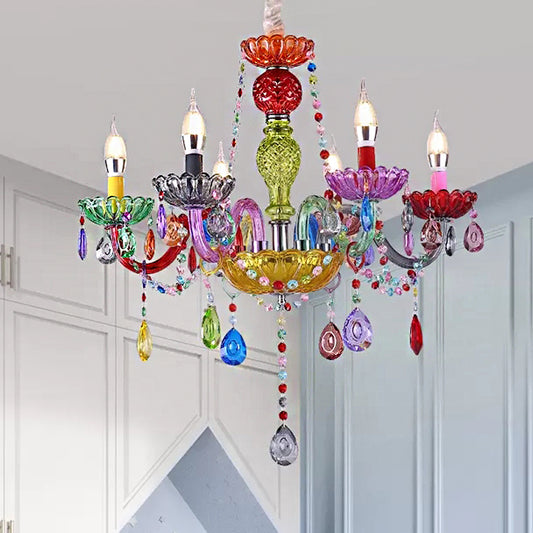 Fake Candle Pendant Light Pretty Glass Multi-Colored Chandelier with Teardrop Crystal for Kindergarten Clearhalo 'Ceiling Lights' 'Chandeliers' Lighting' options 201384