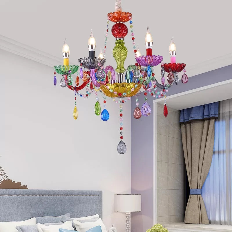 Fake Candle Pendant Light Pretty Glass Multi-Colored Chandelier with Teardrop Crystal for Kindergarten Clearhalo 'Ceiling Lights' 'Chandeliers' Lighting' options 201385