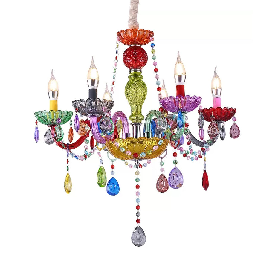 Fake Candle Pendant Light Pretty Glass Multi-Colored Chandelier with Teardrop Crystal for Kindergarten Clearhalo 'Ceiling Lights' 'Chandeliers' Lighting' options 201386