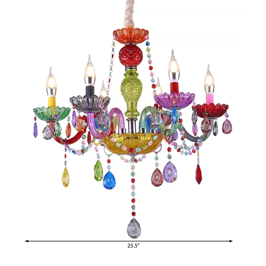 Fake Candle Pendant Light Pretty Glass Multi-Colored Chandelier with Teardrop Crystal for Kindergarten Clearhalo 'Ceiling Lights' 'Chandeliers' Lighting' options 201387