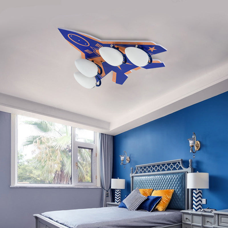 4 Lights Plane Ceiling Lamp Modern Style Wood & Glass Ceiling Mount Light for Boys Bedroom Clearhalo 'Ceiling Lights' 'Close To Ceiling Lights' 'Close to ceiling' 'Flush mount' Lighting' 201438