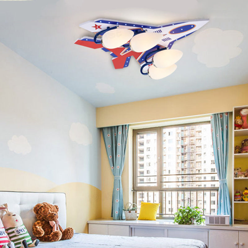 4 Lights Plane Ceiling Lamp Modern Style Wood & Glass Ceiling Mount Light for Boys Bedroom Red Clearhalo 'Ceiling Lights' 'Close To Ceiling Lights' 'Close to ceiling' 'Flush mount' Lighting' 201441