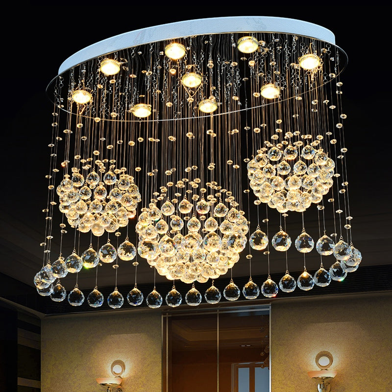 9 Bulbs Oval Flush Ceiling Light Fixture Modern Stainless Steel Crystal Drape Flushmount Light for Bedroom Clearhalo 'Ceiling Lights' 'Close To Ceiling Lights' 'Close to ceiling' 'Flush mount' Lighting' 2015363
