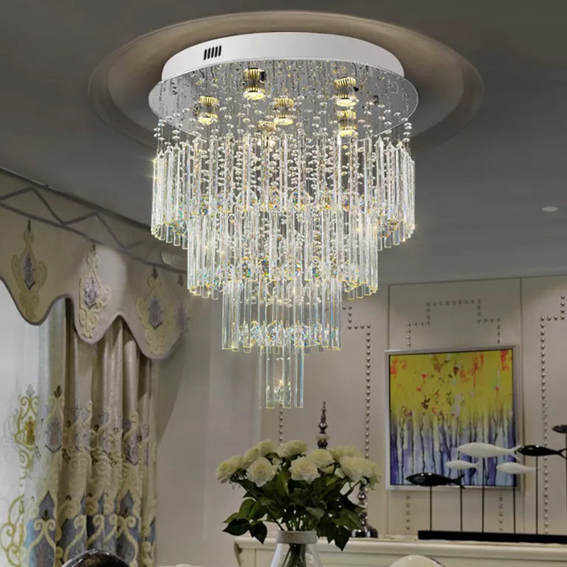 6-Bulb Tiered Flush Mount Lamp Modernism Stainless Steel Crystal Rod Ceiling Lighting for Restaurant Clearhalo 'Ceiling Lights' 'Close To Ceiling Lights' 'Close to ceiling' 'Flush mount' Lighting' 2015399