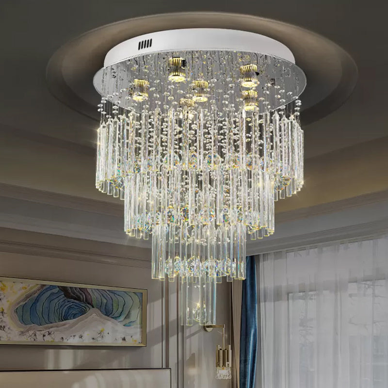 6-Bulb Tiered Flush Mount Lamp Modernism Stainless Steel Crystal Rod Ceiling Lighting for Restaurant Clearhalo 'Ceiling Lights' 'Close To Ceiling Lights' 'Close to ceiling' 'Flush mount' Lighting' 2015400