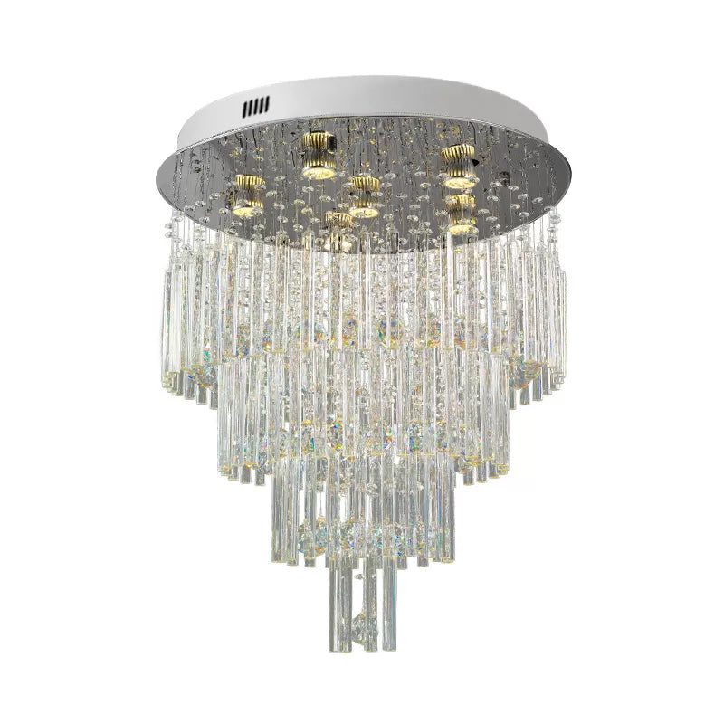 6-Bulb Tiered Flush Mount Lamp Modernism Stainless Steel Crystal Rod Ceiling Lighting for Restaurant Clearhalo 'Ceiling Lights' 'Close To Ceiling Lights' 'Close to ceiling' 'Flush mount' Lighting' 2015402