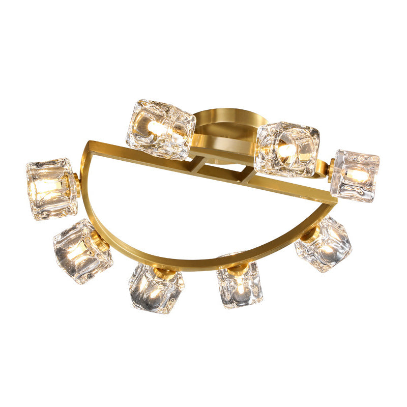 Gold Half-Circle Semi Mount Lighting Postmodern Metal 2/5/8-Head Foyer Ceiling Flush Light in Gold with Square Crystal Shade Clearhalo 'Ceiling Lights' 'Close To Ceiling Lights' 'Close to ceiling' 'Semi-flushmount' Lighting' 2015443