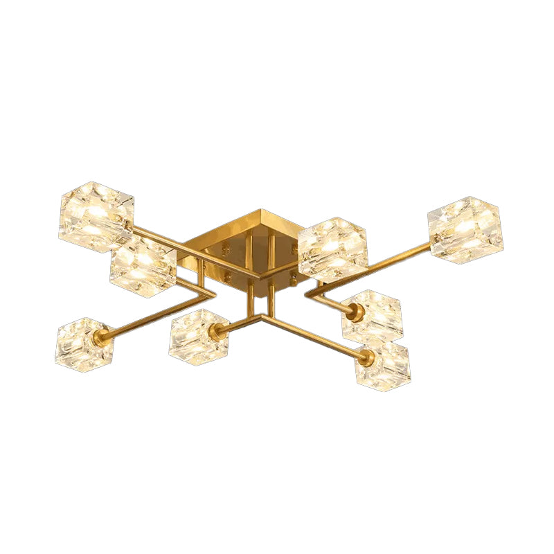 4/12/16 Heads Semi Flush Chandelier Postmodern Ice Cube Crystal Flush Mounted Light in Brass 8 Brass Clearhalo 'Ceiling Lights' 'Close To Ceiling Lights' 'Close to ceiling' 'Semi-flushmount' Lighting' 2015455