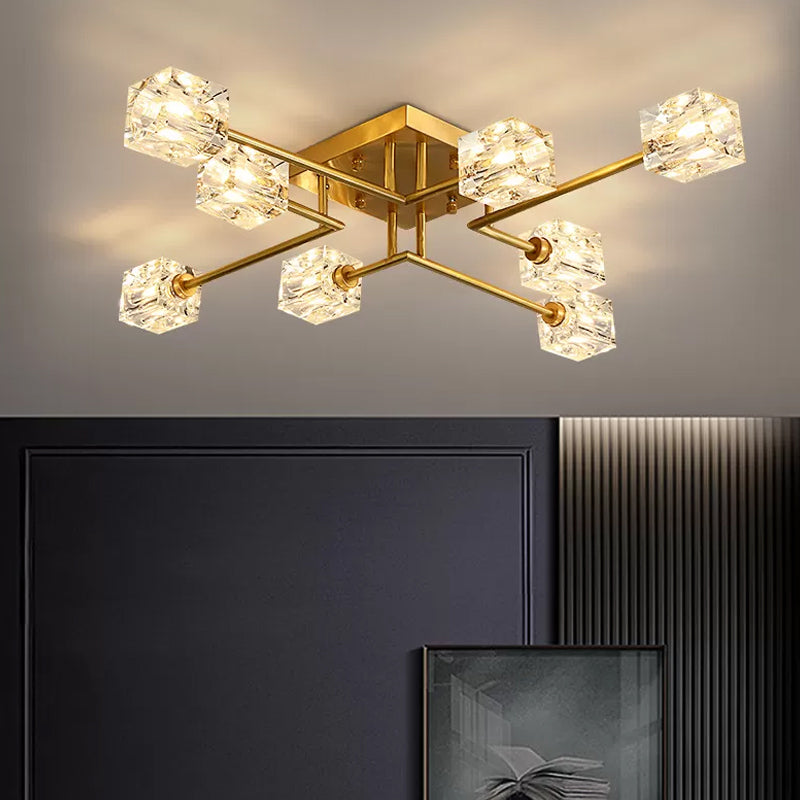 4/12/16 Heads Semi Flush Chandelier Postmodern Ice Cube Crystal Flush Mounted Light in Brass Clearhalo 'Ceiling Lights' 'Close To Ceiling Lights' 'Close to ceiling' 'Semi-flushmount' Lighting' 2015456