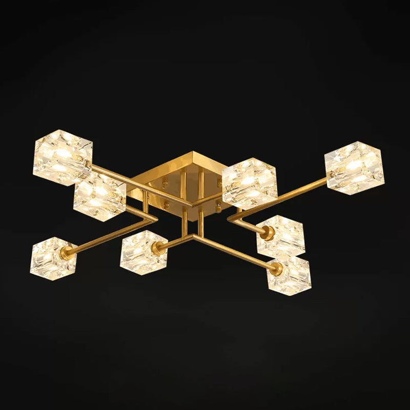 4/12/16 Heads Semi Flush Chandelier Postmodern Ice Cube Crystal Flush Mounted Light in Brass Clearhalo 'Ceiling Lights' 'Close To Ceiling Lights' 'Close to ceiling' 'Semi-flushmount' Lighting' 2015457