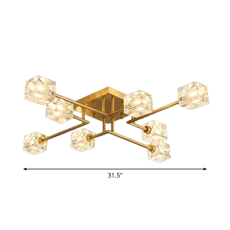 4/12/16 Heads Semi Flush Chandelier Postmodern Ice Cube Crystal Flush Mounted Light in Brass Clearhalo 'Ceiling Lights' 'Close To Ceiling Lights' 'Close to ceiling' 'Semi-flushmount' Lighting' 2015458