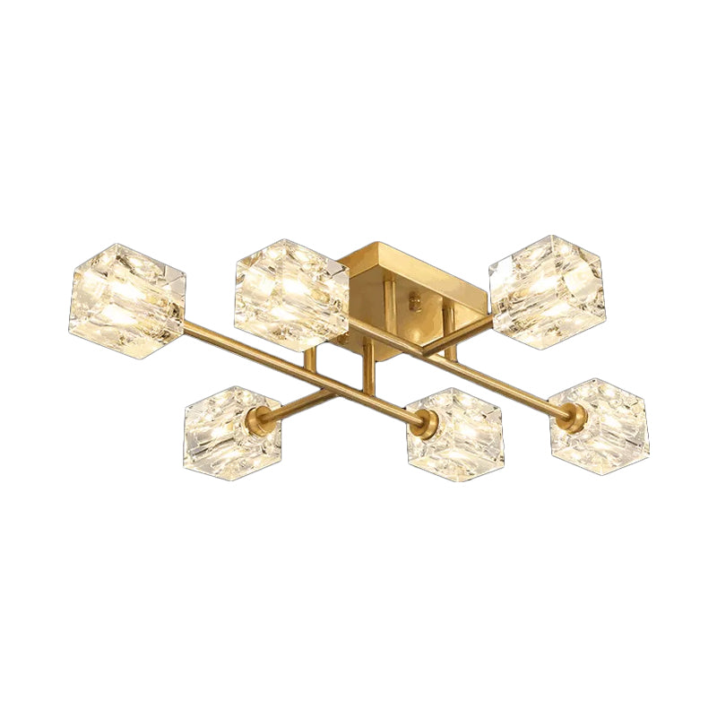4/12/16 Heads Semi Flush Chandelier Postmodern Ice Cube Crystal Flush Mounted Light in Brass Clearhalo 'Ceiling Lights' 'Close To Ceiling Lights' 'Close to ceiling' 'Semi-flushmount' Lighting' 2015464