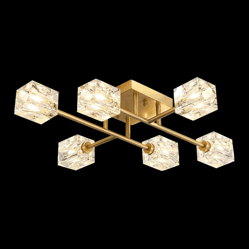 4/12/16 Heads Semi Flush Chandelier Postmodern Ice Cube Crystal Flush Mounted Light in Brass Clearhalo 'Ceiling Lights' 'Close To Ceiling Lights' 'Close to ceiling' 'Semi-flushmount' Lighting' 2015465