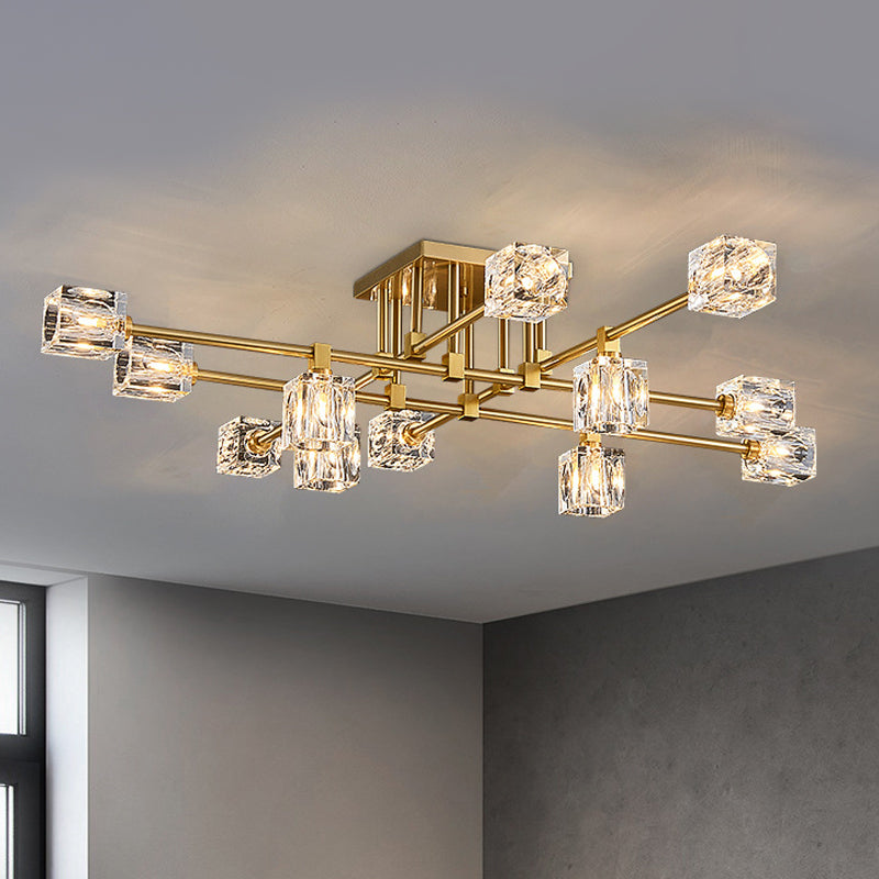 4/12/16 Heads Semi Flush Chandelier Postmodern Ice Cube Crystal Flush Mounted Light in Brass 12 Brass Clearhalo 'Ceiling Lights' 'Close To Ceiling Lights' 'Close to ceiling' 'Semi-flushmount' Lighting' 2015467