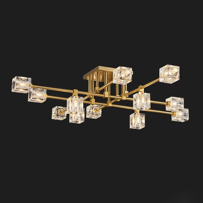 4/12/16 Heads Semi Flush Chandelier Postmodern Ice Cube Crystal Flush Mounted Light in Brass Clearhalo 'Ceiling Lights' 'Close To Ceiling Lights' 'Close to ceiling' 'Semi-flushmount' Lighting' 2015469