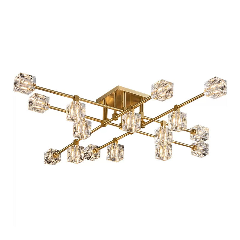 4/12/16 Heads Semi Flush Chandelier Postmodern Ice Cube Crystal Flush Mounted Light in Brass Clearhalo 'Ceiling Lights' 'Close To Ceiling Lights' 'Close to ceiling' 'Semi-flushmount' Lighting' 2015472