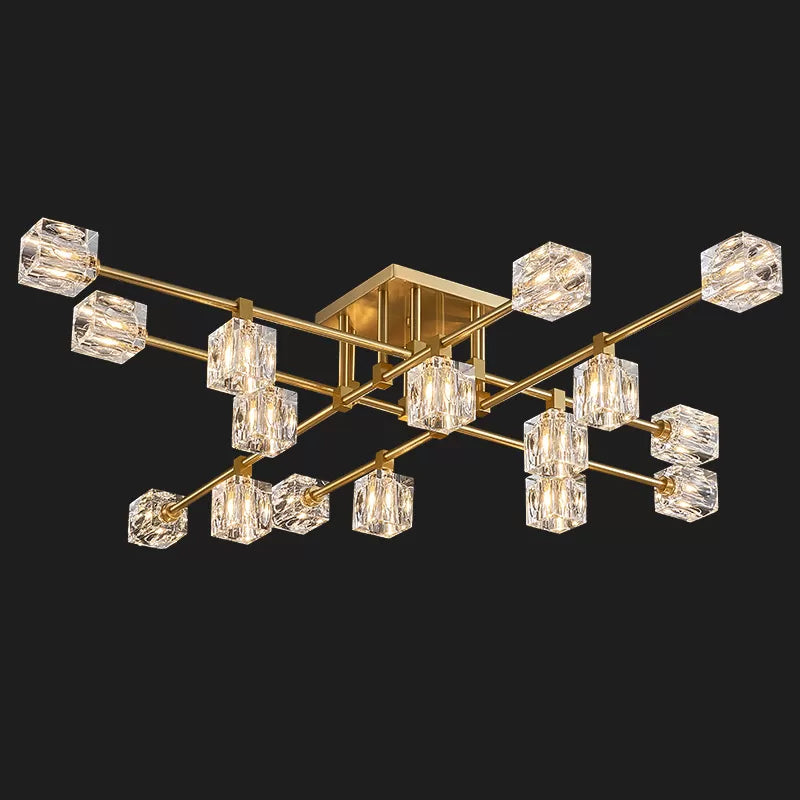 4/12/16 Heads Semi Flush Chandelier Postmodern Ice Cube Crystal Flush Mounted Light in Brass Clearhalo 'Ceiling Lights' 'Close To Ceiling Lights' 'Close to ceiling' 'Semi-flushmount' Lighting' 2015473