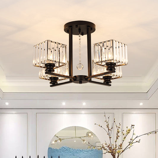Prismatic Crystal Rectangle Flush Chandelier Modern 4/6/8 Lights Living Room Semi Flush Ceiling Lamp in Black/Gold 4 Black