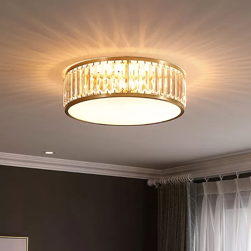 Crystal Drum Flush Mount Lamp Simplicity 3/4/5 Bulbs Bedroom Ceiling Light in Gold, 12.5"/16.5"/23.5" Wide Gold Clearhalo 'Ceiling Lights' 'Close To Ceiling Lights' 'Close to ceiling' 'Flush mount' Lighting' 2015537