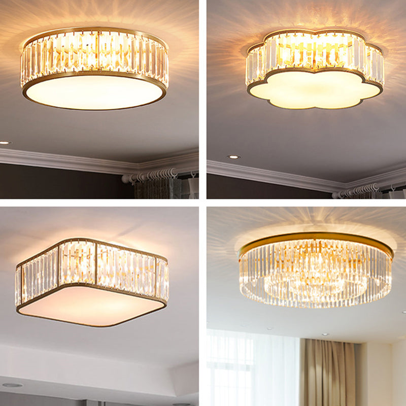 Crystal Drum Flush Mount Lamp Simplicity 3/4/5 Bulbs Bedroom Ceiling Light in Gold, 12.5"/16.5"/23.5" Wide Clearhalo 'Ceiling Lights' 'Close To Ceiling Lights' 'Close to ceiling' 'Flush mount' Lighting' 2015538
