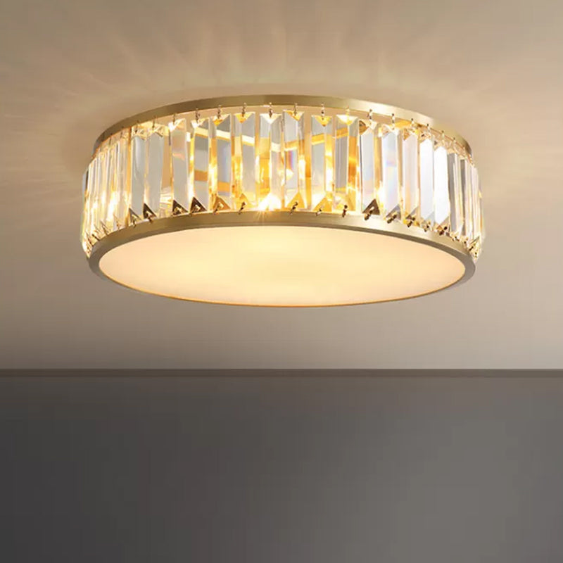 Crystal Drum Flush Mount Lamp Simplicity 3/4/5 Bulbs Bedroom Ceiling Light in Gold, 12.5"/16.5"/23.5" Wide Clearhalo 'Ceiling Lights' 'Close To Ceiling Lights' 'Close to ceiling' 'Flush mount' Lighting' 2015539