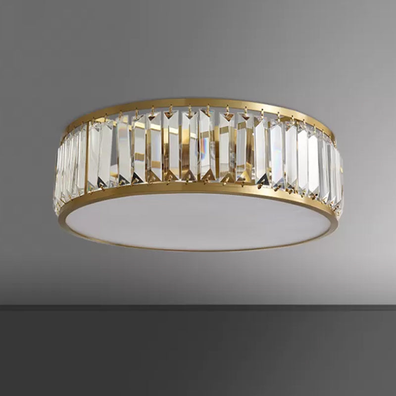 Crystal Drum Flush Mount Lamp Simplicity 3/4/5 Bulbs Bedroom Ceiling Light in Gold, 12.5"/16.5"/23.5" Wide Clearhalo 'Ceiling Lights' 'Close To Ceiling Lights' 'Close to ceiling' 'Flush mount' Lighting' 2015540