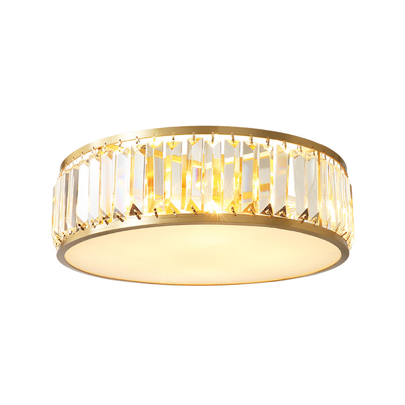 Crystal Drum Flush Mount Lamp Simplicity 3/4/5 Bulbs Bedroom Ceiling Light in Gold, 12.5"/16.5"/23.5" Wide Clearhalo 'Ceiling Lights' 'Close To Ceiling Lights' 'Close to ceiling' 'Flush mount' Lighting' 2015541