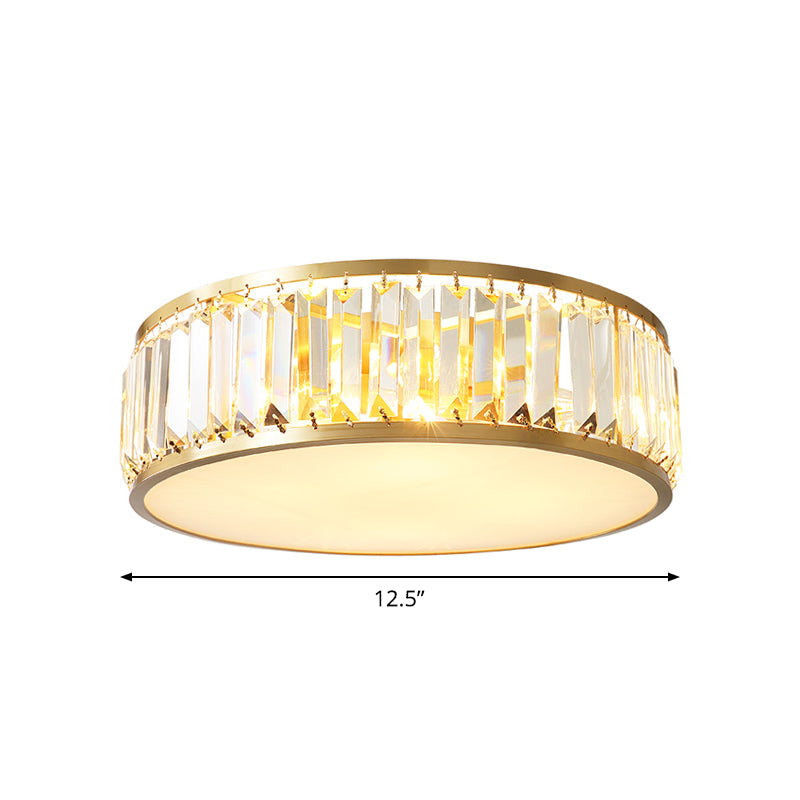 Crystal Drum Flush Mount Lamp Simplicity 3/4/5 Bulbs Bedroom Ceiling Light in Gold, 12.5"/16.5"/23.5" Wide Clearhalo 'Ceiling Lights' 'Close To Ceiling Lights' 'Close to ceiling' 'Flush mount' Lighting' 2015542