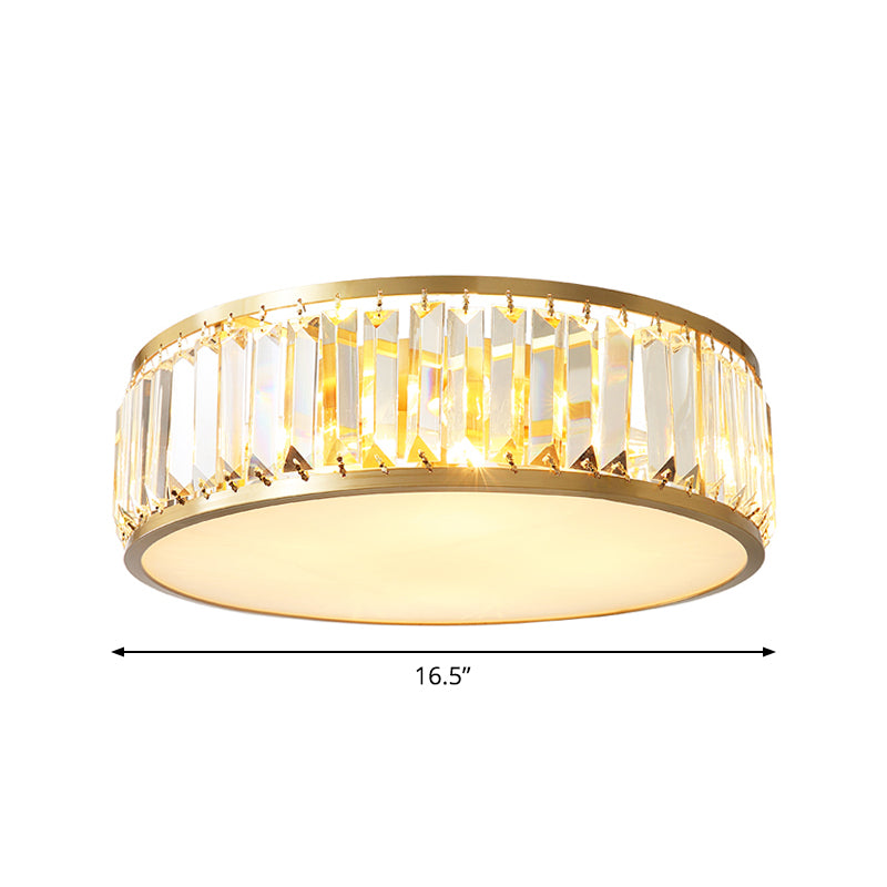 Crystal Drum Flush Mount Lamp Simplicity 3/4/5 Bulbs Bedroom Ceiling Light in Gold, 12.5"/16.5"/23.5" Wide Clearhalo 'Ceiling Lights' 'Close To Ceiling Lights' 'Close to ceiling' 'Flush mount' Lighting' 2015543