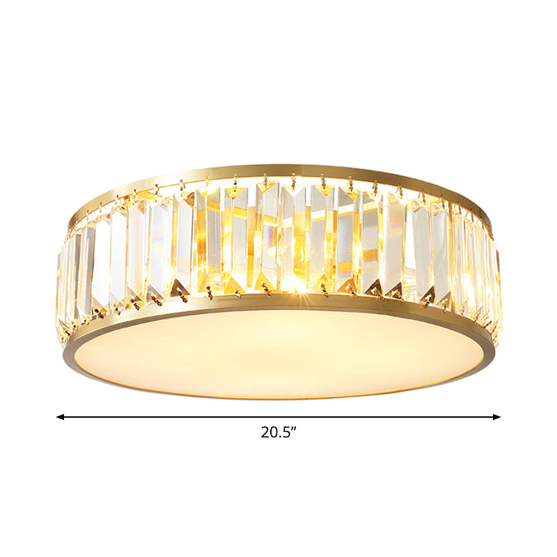 Crystal Drum Flush Mount Lamp Simplicity 3/4/5 Bulbs Bedroom Ceiling Light in Gold, 12.5"/16.5"/23.5" Wide Clearhalo 'Ceiling Lights' 'Close To Ceiling Lights' 'Close to ceiling' 'Flush mount' Lighting' 2015544