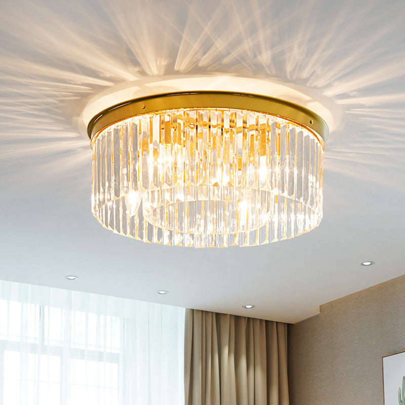 Crystal Drum Flush Mount Lamp Simplicity 3/4/5 Bulbs Bedroom Ceiling Light in Gold, 12.5"/16.5"/23.5" Wide Gold Clearhalo 'Ceiling Lights' 'Close To Ceiling Lights' 'Close to ceiling' 'Flush mount' Lighting' 2015545