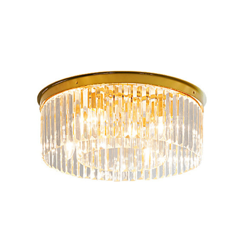 Crystal Drum Flush Mount Lamp Simplicity 3/4/5 Bulbs Bedroom Ceiling Light in Gold, 12.5"/16.5"/23.5" Wide Clearhalo 'Ceiling Lights' 'Close To Ceiling Lights' 'Close to ceiling' 'Flush mount' Lighting' 2015546