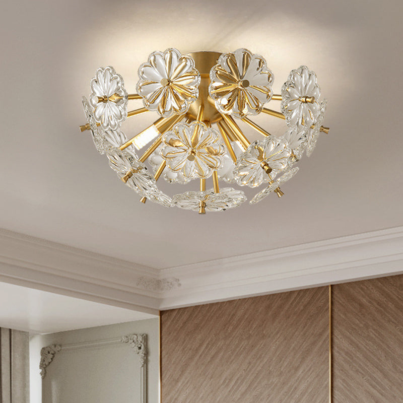 Gold 3/5 Lights Semi Flush Mount Modern Crystal Bouquet Flushmount Ceiling Lamp for Bedroom Clearhalo 'Ceiling Lights' 'Close To Ceiling Lights' 'Close to ceiling' Lighting' 2015571