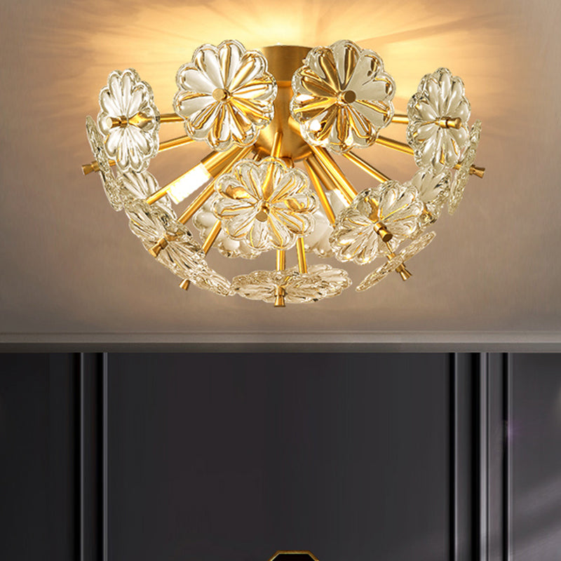 Gold 3/5 Lights Semi Flush Mount Modern Crystal Bouquet Flushmount Ceiling Lamp for Bedroom Clearhalo 'Ceiling Lights' 'Close To Ceiling Lights' 'Close to ceiling' Lighting' 2015572